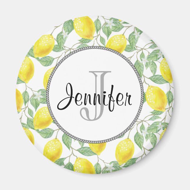 Aimant Citrons jaunes avec Monogramme Motif vert (Devant)