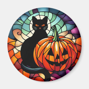 Aimant Citrouille Chat noir en verre d'Halloween