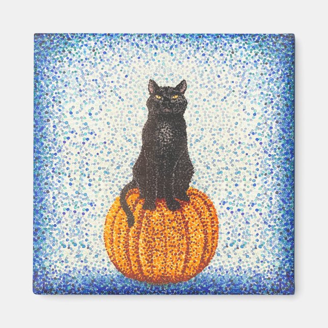 Aimant Citrouille de chat noir Pointillisme Halloween (Devant)