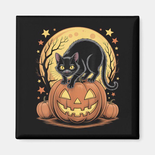 Aimant Citrouille de chat noir rétro drôle Halloween (Devant)