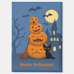 Aimant Citrouilles d'Halloween et chat noir