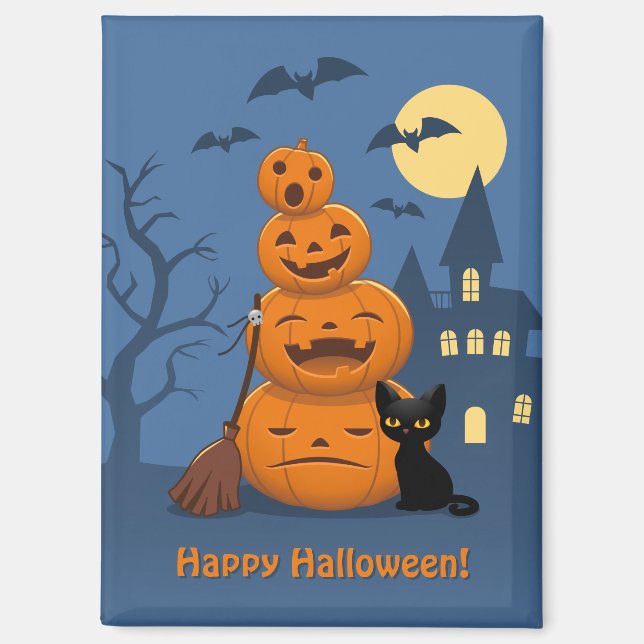 Aimant Citrouilles d'Halloween et chat noir (Recto)