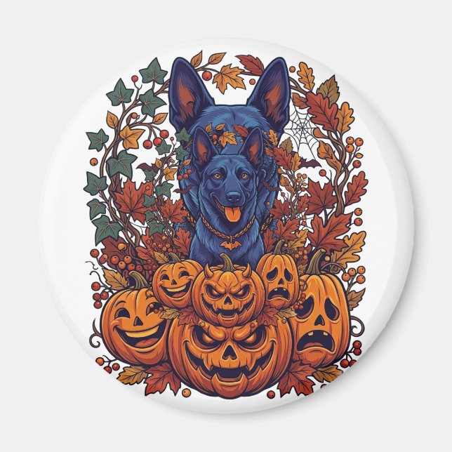 Aimant Citrouilles d'Halloween Pitbull Bleu Feuilles d'Au (Devant)
