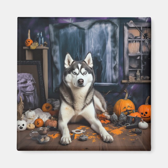 Aimant Citrouilles Épouvantables Halloween Husky Sibérien (Devant)
