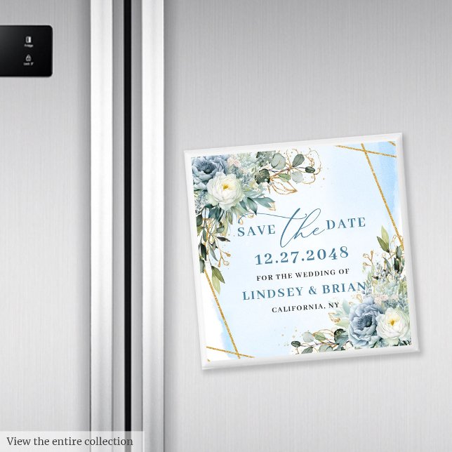 Aimant Classique Bleu Poussiéreux Botanique Or Save The D (Classic Dusty Blue Botanical Gold Save The Date Magnet

)