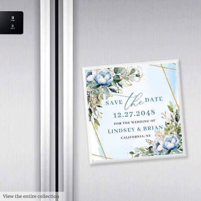Aimant Classique cadre doré avec fleurs bleu poussiéreux  (Classic Dusty Blue Floral Gold Frame Save the Date)