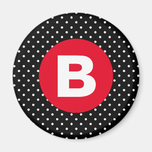 Aimant Classique pois noir et blanc avec monogramme rouge