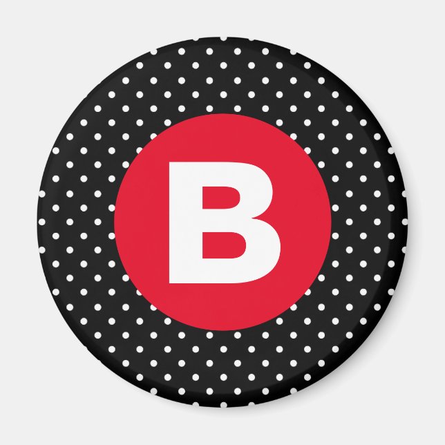 Aimant Classique pois noir et blanc avec monogramme rouge (Devant)