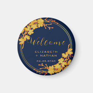 Aimant Classy Gold Floral Navy Blue Mariage bienvenue