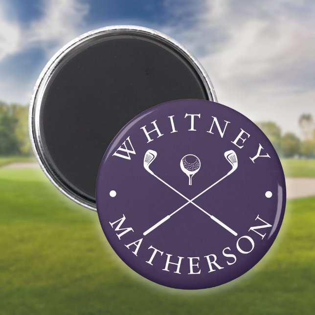 Aimant Clubs de Golf Personnalisés Modernes Nom Personnal (Modern Custom Name Golf Clubs Purple And White Magnet)
