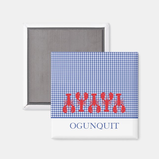 Aimant Coastal Town Name Red Lobsters Blue White Check (Recto/Verso)