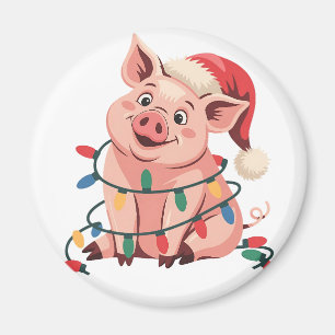 Aimant Cochon aux lumières de Noël portant un chapeau de