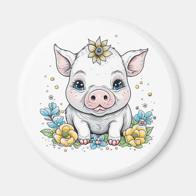 Aimant Cochon de dessin mignon en fleurs (Devant)