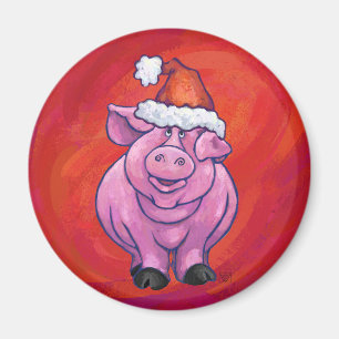 Aimant Cochon mignon à Santa Hat sur rouge