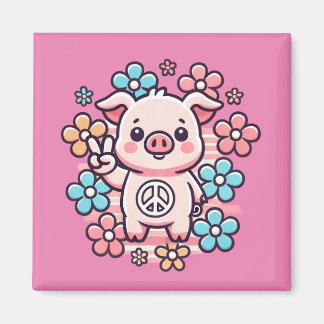 Aimant Cochon mignon avec la paix Signal & Fleurs à thème
