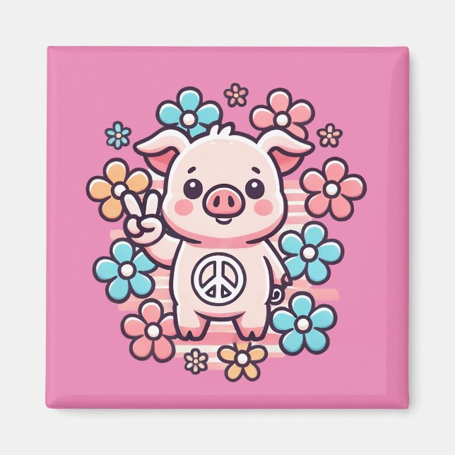 Aimant Cochon mignon avec la paix Signal & Fleurs à thème (Devant)