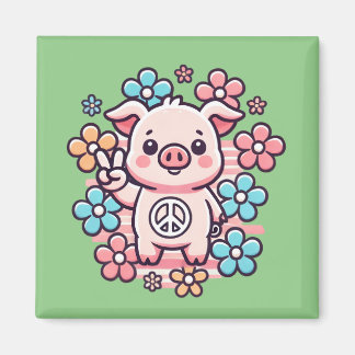 Aimant Cochon mignon avec la paix Signal & Fleurs à thème