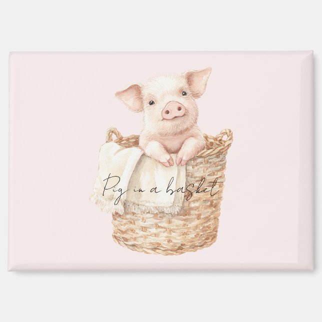 Aimant Cochon Rose dans un Panier (Recto)