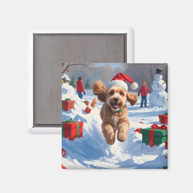 Aimant Cockapoo courant dans la neige avec un chapeau de  (Recto/Verso)