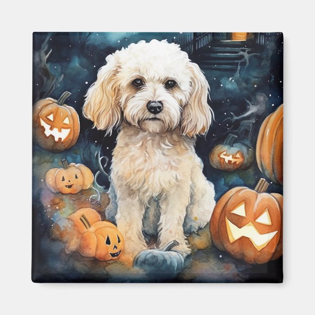 Aimant Cockapoo d'Halloween avec citrouilles effrayant  (Devant)