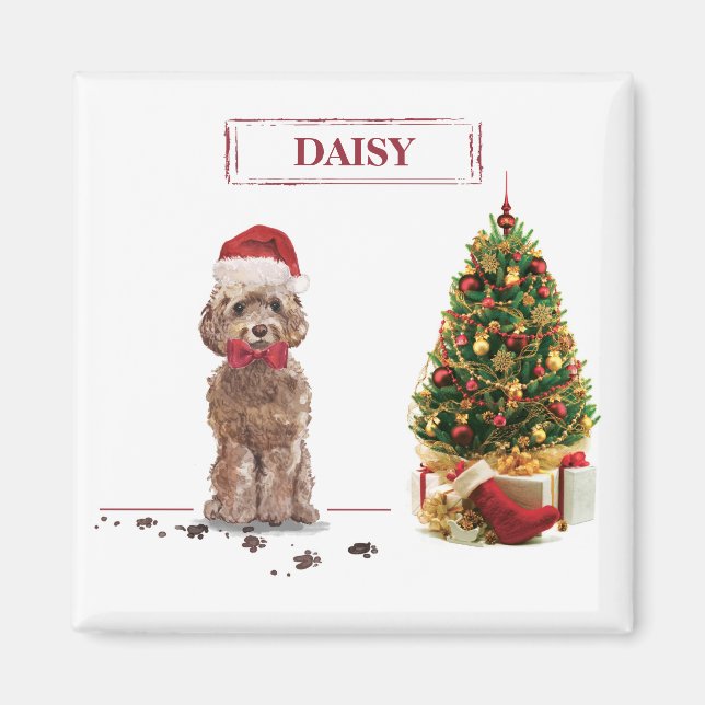 Aimant Cockapoo Marron Noël Drôle Chien et Arbre (Devant)