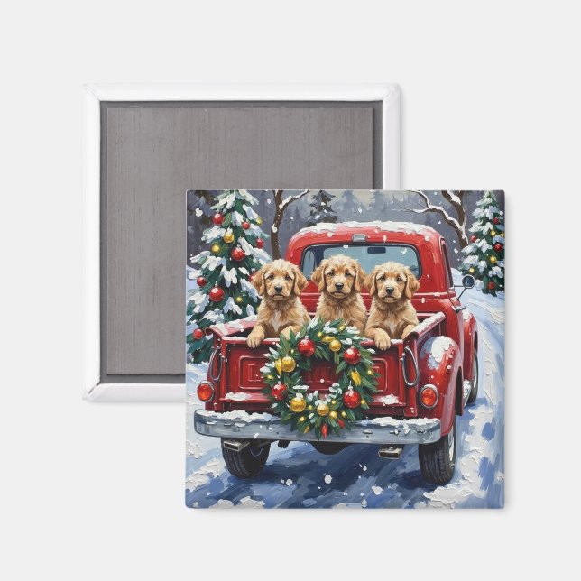 Aimant Cockapoo Noël Camion Rouge Fêtes (Recto/Verso)