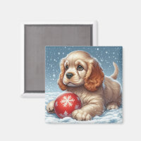 Cocker Spaniel Chiot posé sur la neige avec une ba