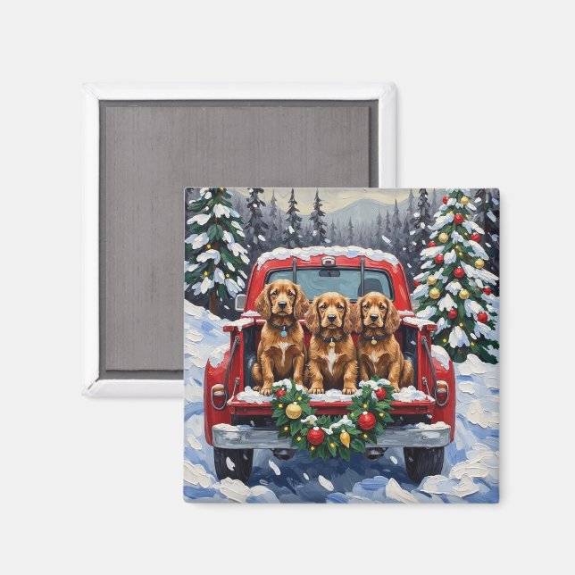 Aimant Cocker Spaniel Christmas Red Truck Holiday (Recto/Verso)