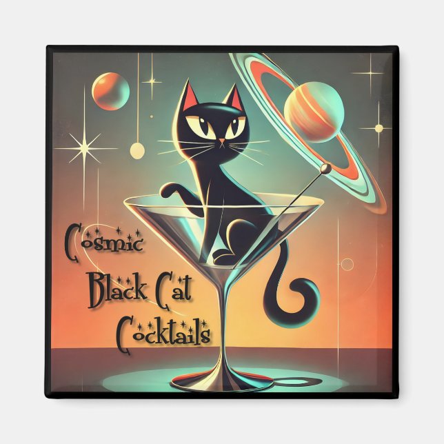 Aimant Cocktails de chat noir cosmique futuriste atomique (Devant)
