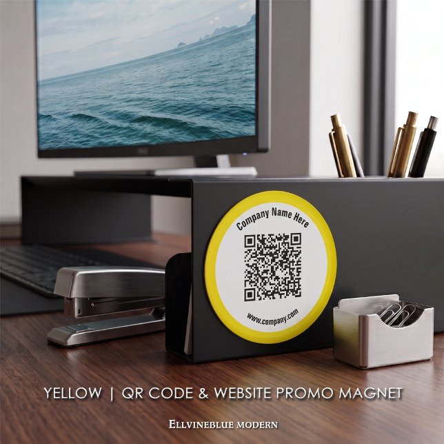Aimant Code QR personnalisé jaune et promotion de site We (Yellow Magnet | A polished layout created to showcase your QR Code, Name, & Website.)