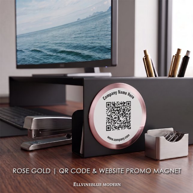 Aimant Code QR personnalisé Rose Gold & Promotion de site (Rose Gold Metallic Magnet | A polished layout created to showcase your QR Code, Name, & Website.)