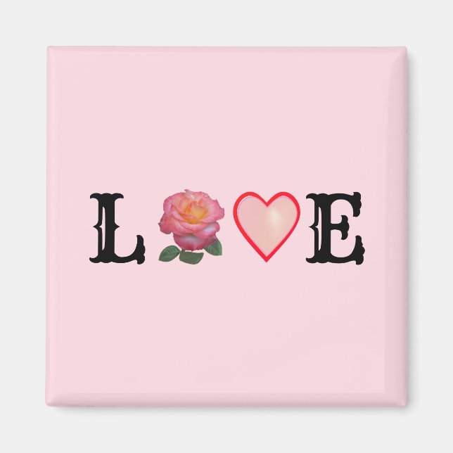 Aimant Cœur d'amour et rose rose fleur (Devant)