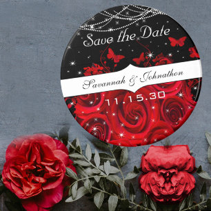 Aimant Cœur de rose noire rouge Enregistrer la date sous