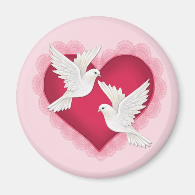 Aimant Coeur et colombes - rose (Devant)