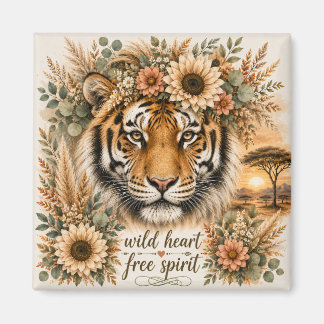 Aimant Cœur Sauvage Esprit Libre Art Floral Bohème Tigre