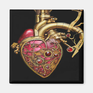 Aimant Cœur Steampunk Rubis et Engrenages Anatomiques