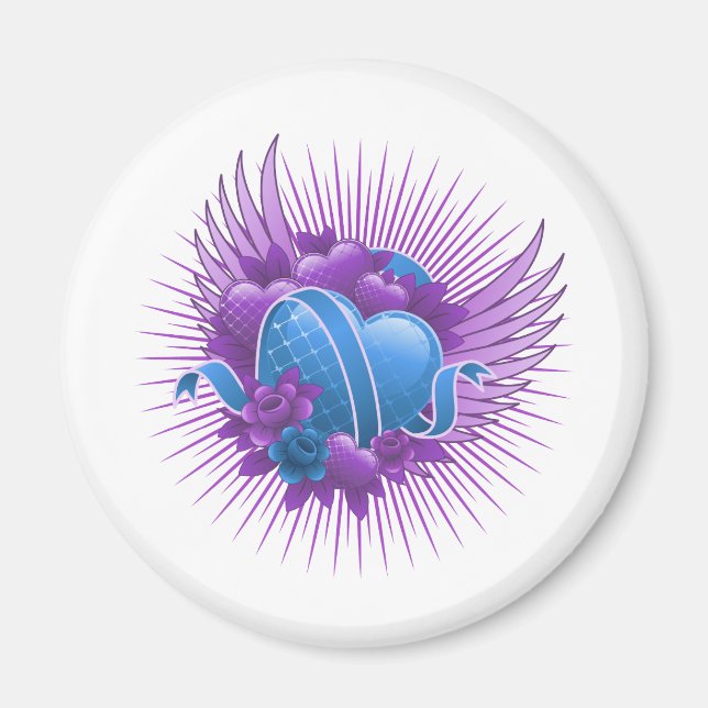 Aimant Coeurs bleus Roses et ailes (Devant)