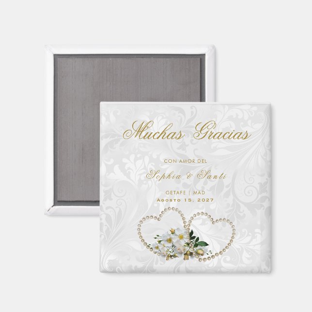 Aimant Cœurs de perles et de fleurs, Damas merci (Recto/Verso)