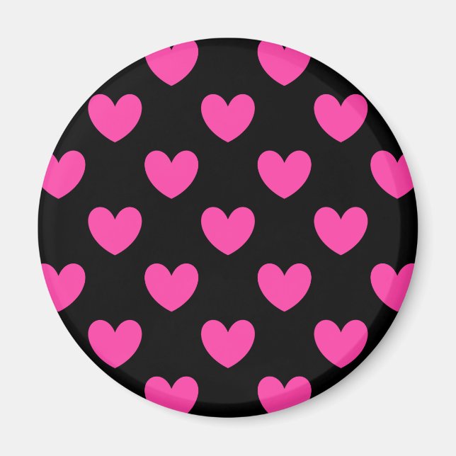 Aimant Coeurs de polka rose Fuchsia sur noir (Devant)