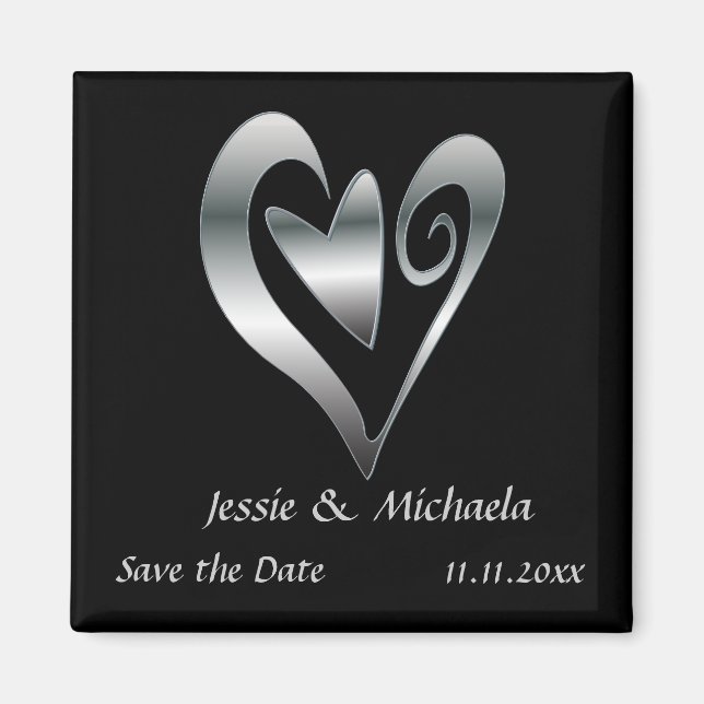Aimant Coeurs Mariages en argent sur Black Save the Date (Devant)