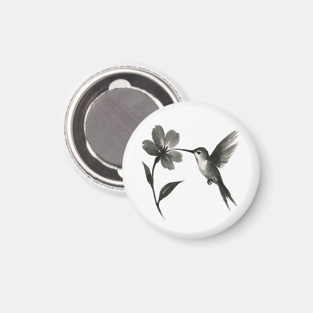 Aimant Colibri avec Fleur – Conception de pinceau à encre (Recto/Verso)