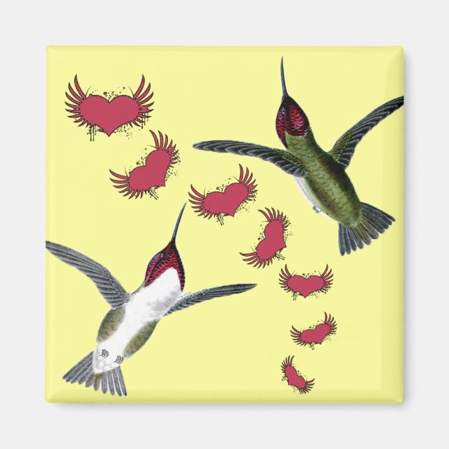 Aimant Colibris Grunge Cœurs avec des Ailes (Devant)