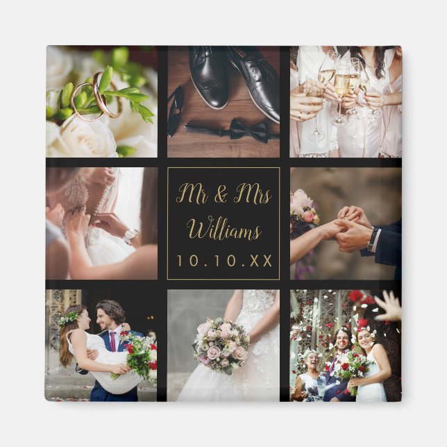 Aimant Collage de photos de mariage noir et or (Devant)