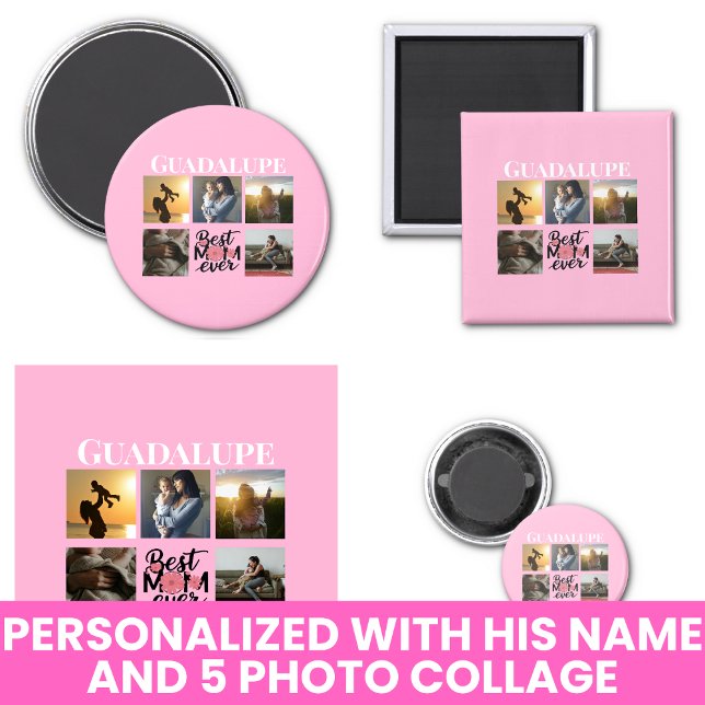 Aimant Collage de photos et nom de maman rose (Photo Collage and Mom's Name Pink Magnet
)
