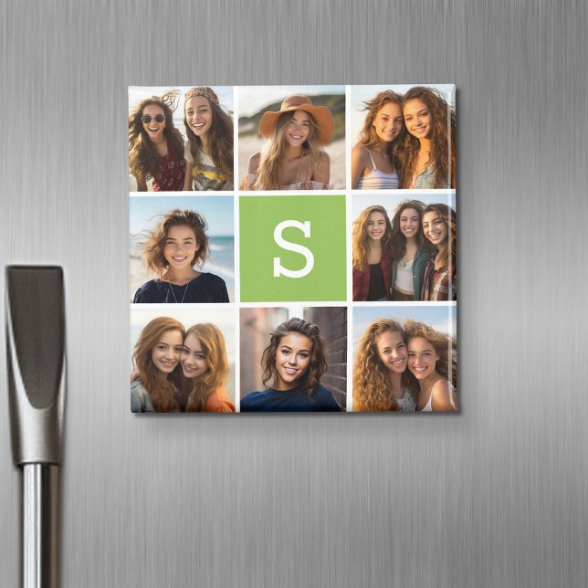 Aimant Collage de photos - Monogramme personnalisé - Vert (Personalized fridge magnet with photos and custom text)