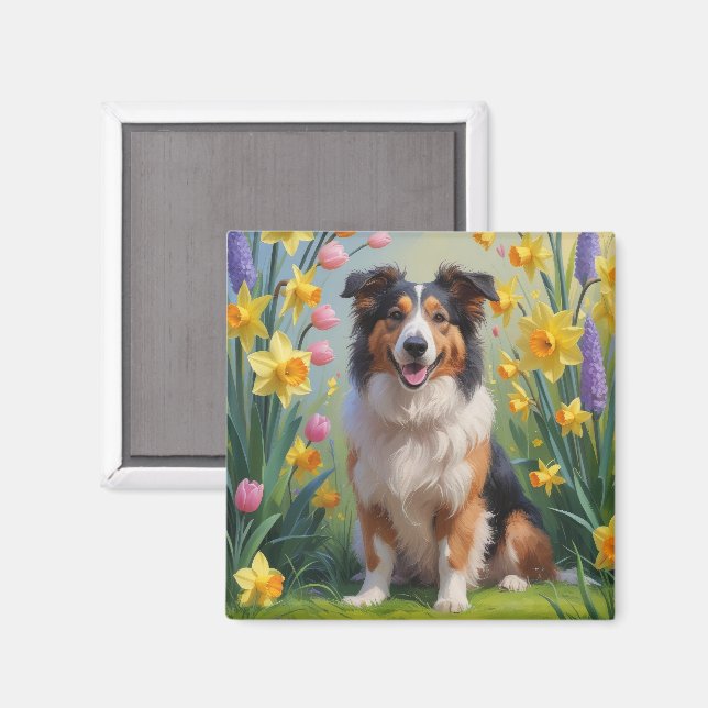 Aimant Collie à poil long Chien Fleurs de printemps Peint (Recto/Verso)