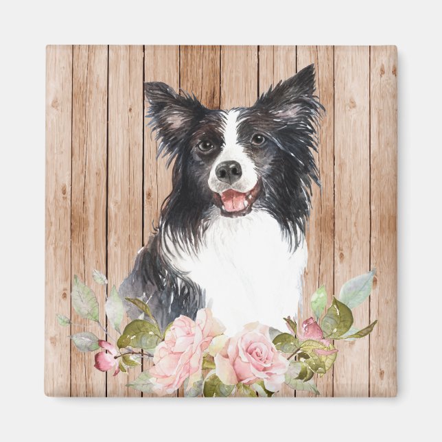 Aimant Collie de Border aquarelle & Fleurs  (Devant)