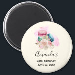 Aimant Colorful Macarons and Flowers Watercolor Birthday<br><div class="desc">Event save the date magnet with a delightful image. 3 colorful macarons,  pink,  green and blue with a fancy rose floral bouquet and a splash of pink watercolor behind. Delicious and stylish too!</div>