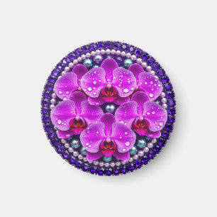 Aimant Composition florale d'orchidées violettes circulai