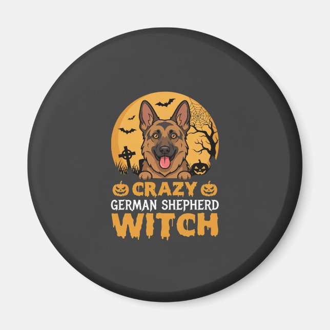 Aimant Conception de sorcière berger allemand fou Hallowe (Devant)